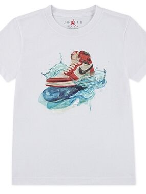 Jordan White Graphic Tee with Red/Black Sneaker Print Youth Size 6 (6-7 Yrs Old)